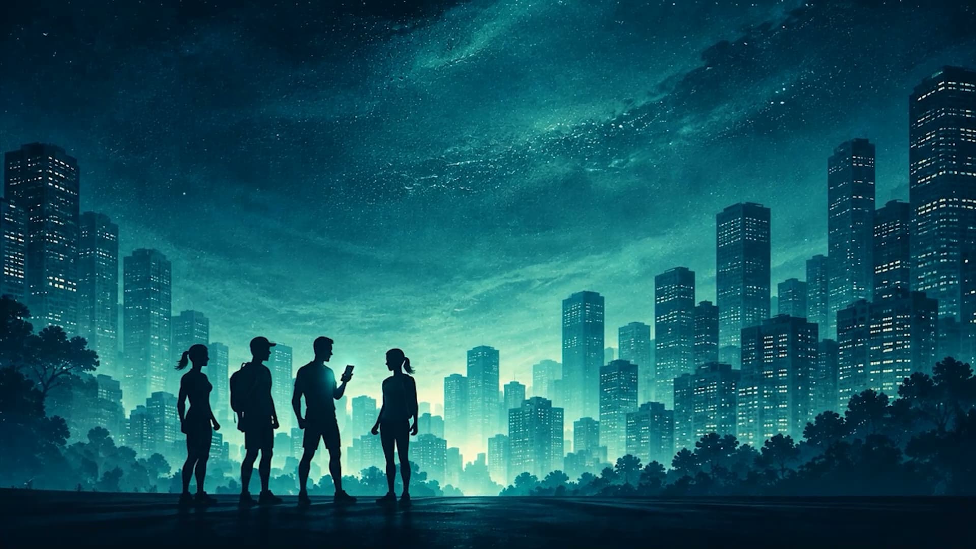 Four friends silhouetted against a city skyline at night, one holding a glowing phone